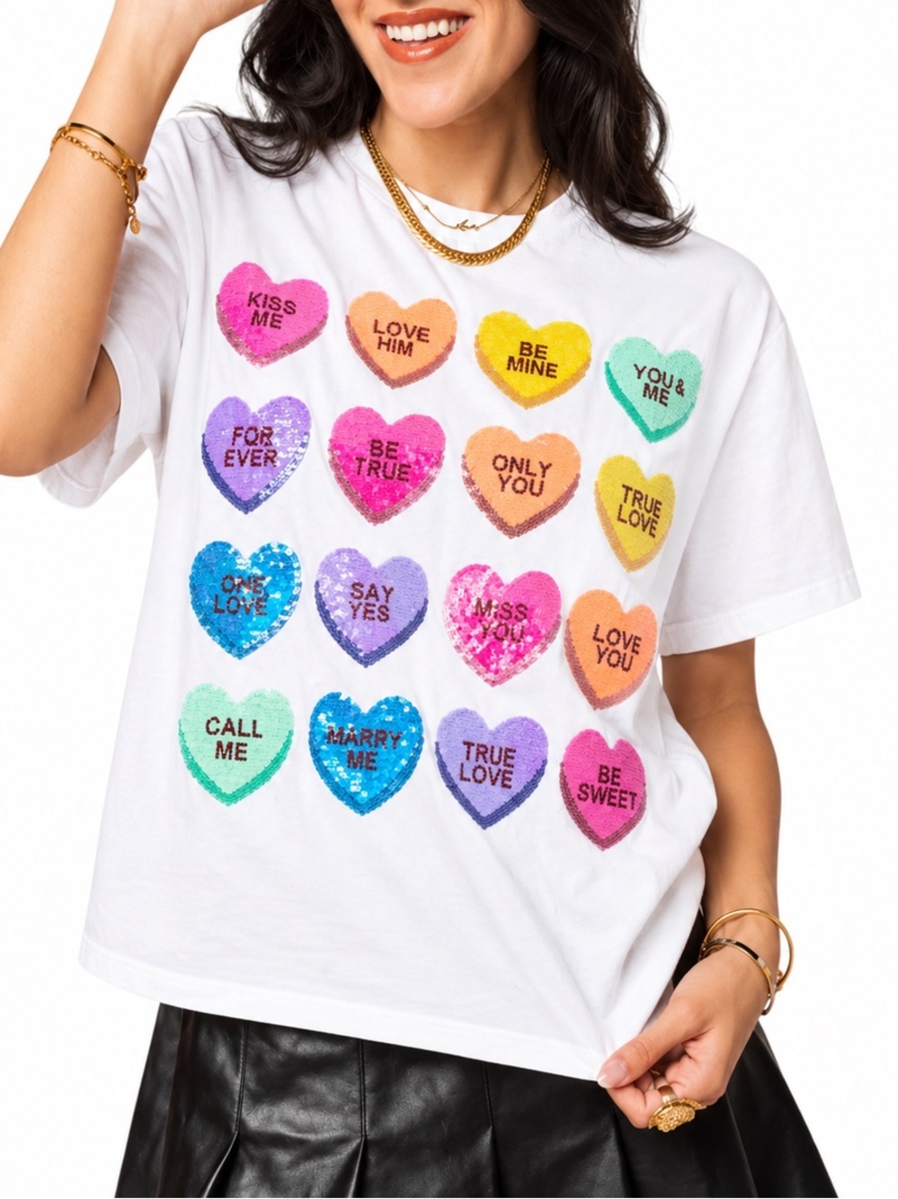 Queen of Sparkles Sequin Conversation Heart Tee White S